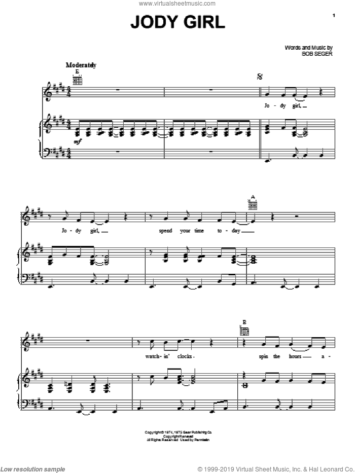 Jody Girl sheet music for voice, piano or guitar by Bob Seger, intermediate skill level