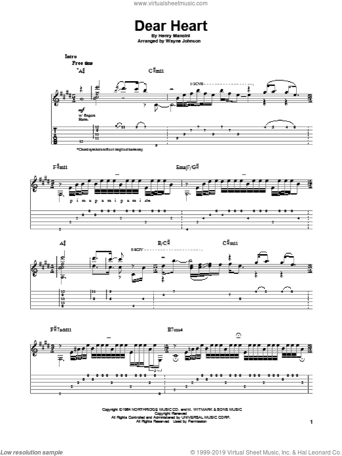 Dear Heart sheet music for guitar solo by Henry Mancini, intermediate skill level