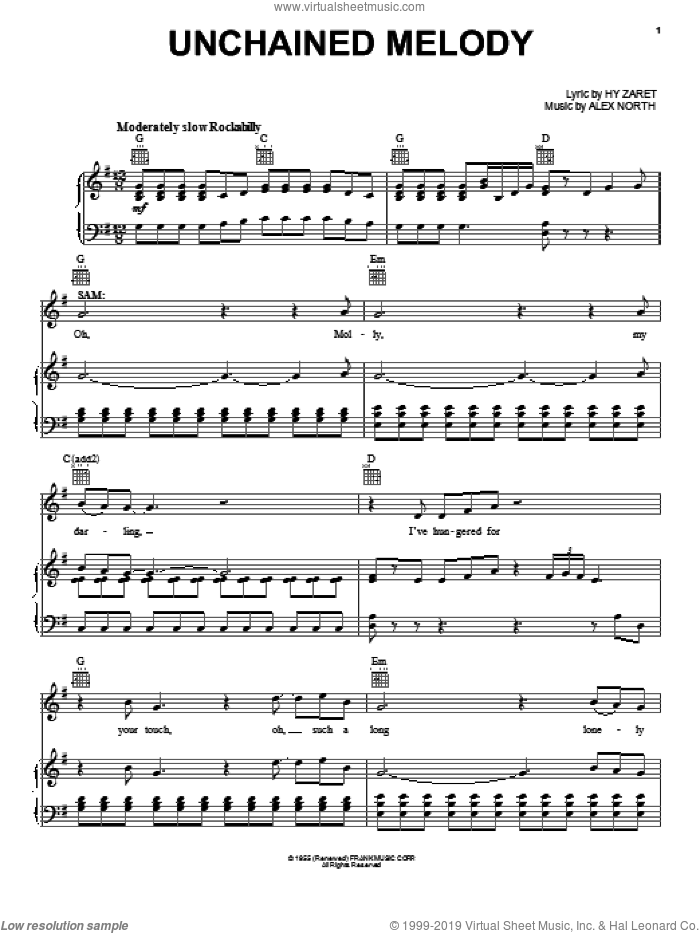 Unchained Melody sheet music for voice, piano or guitar by Glen Ballard, Dave Stewart, Ghost (Musical) and The Righteous Brothers, wedding score, intermediate skill level