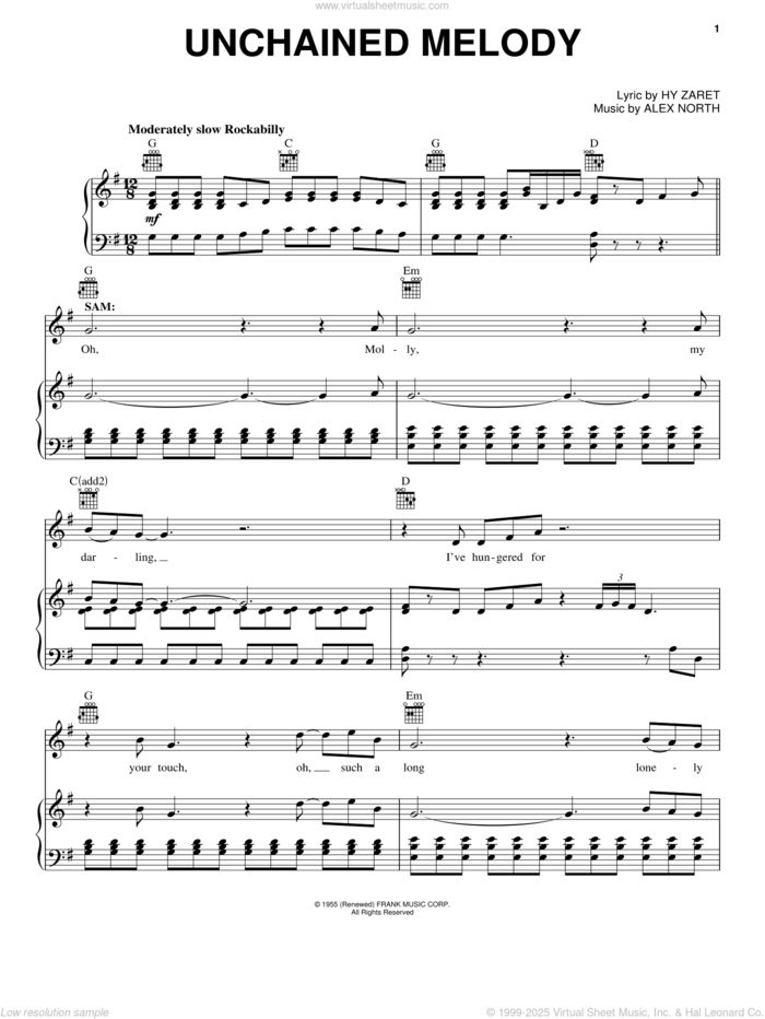 Unchained Melody sheet music for voice, piano or guitar by Glen Ballard, Dave Stewart, Ghost (Musical) and The Righteous Brothers, wedding score, intermediate skill level