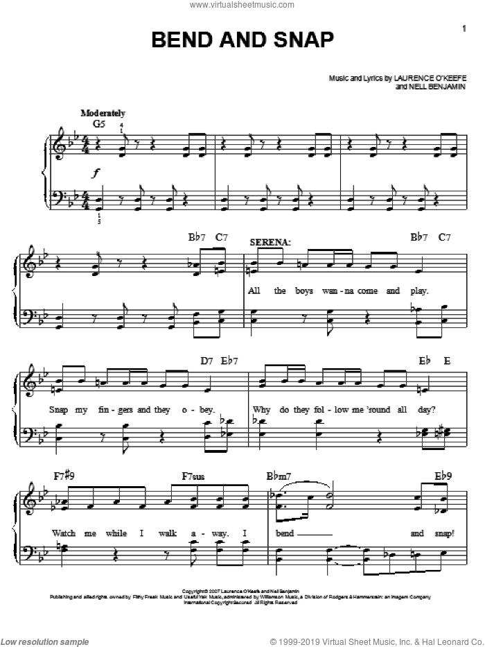 Bend And Snap sheet music for piano solo by Nell Benjamin and Legally Blonde (Musical), easy skill level
