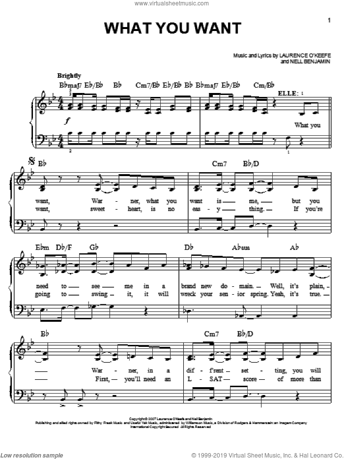 What You Want sheet music for piano solo by Nell Benjamin and Legally Blonde (Musical), easy skill level