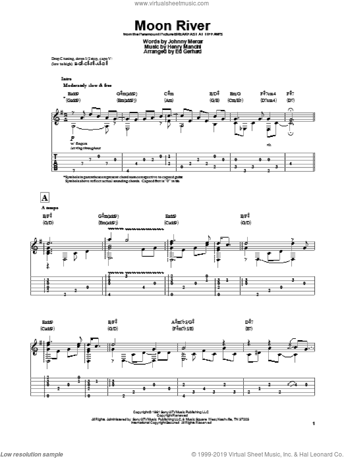 Moon River, (intermediate) sheet music for guitar solo by Henry Mancini, Andy Williams and Johnny Mercer, intermediate skill level