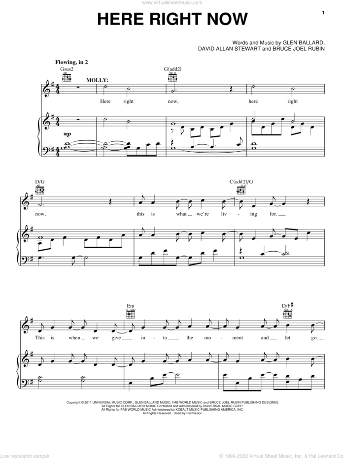 Here Right Now sheet music for voice, piano or guitar by Glen Ballard, Bruce Joel Rubin, Dave Stewart and Ghost (Musical), intermediate skill level