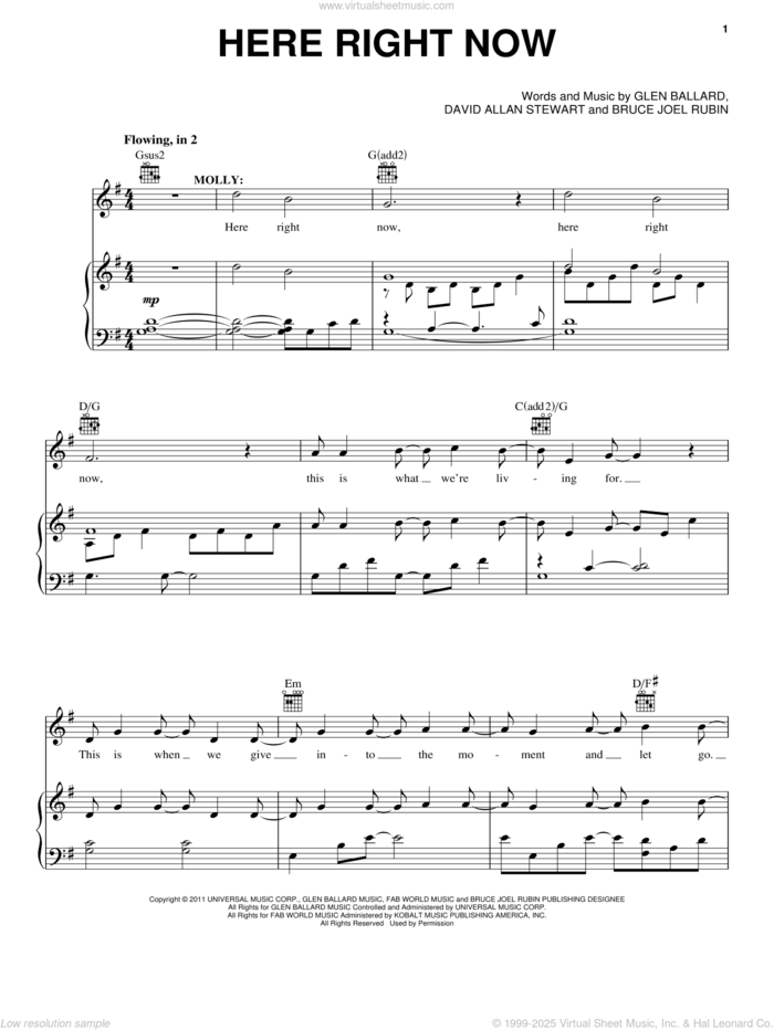 Here Right Now sheet music for voice, piano or guitar by Glen Ballard, Bruce Joel Rubin, Dave Stewart and Ghost (Musical), intermediate skill level