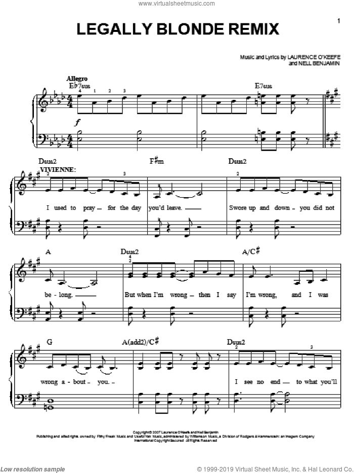 Legally Blonde Remix sheet music for piano solo by Nell Benjamin and Legally Blonde (Musical), easy skill level