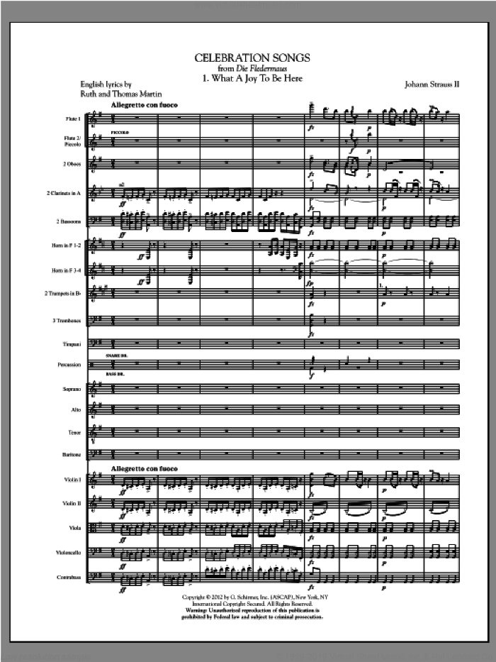Celebration Songs (from Die Fledermaus) (complete set of parts) sheet music for orchestra/band (Orchestra) by Johann Strauss, classical score, intermediate skill level