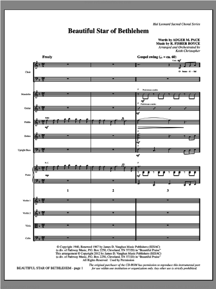 Beautiful Star Of Bethlehem (complete set of parts) sheet music for orchestra/band (Bluegrass/Strings) by Keith Christopher, R. Risher Boyce and Adger M. Pace, intermediate skill level
