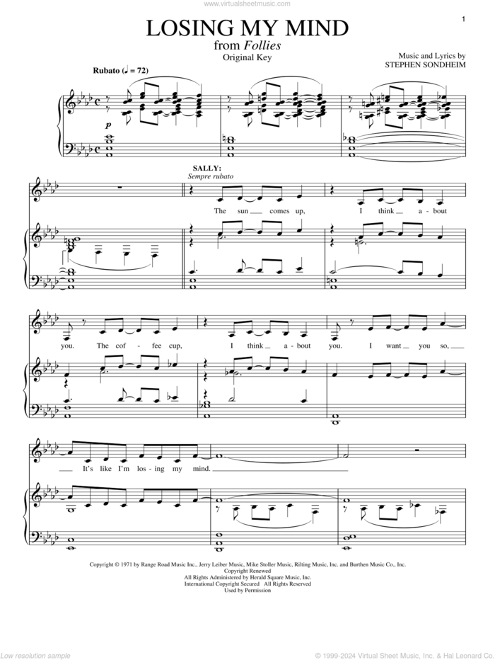 Losing My Mind sheet music for voice and piano by Stephen Sondheim, intermediate skill level