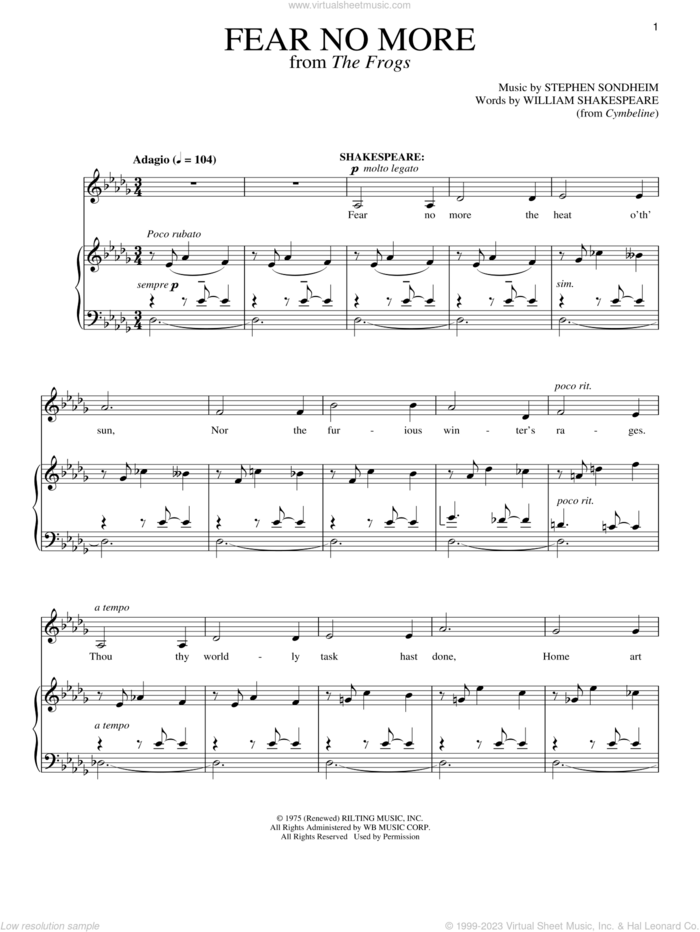 Fear No More sheet music for voice and piano by Stephen Sondheim, intermediate skill level
