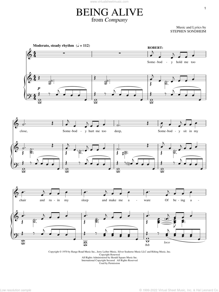Being Alive sheet music for voice and piano by Stephen Sondheim, intermediate skill level