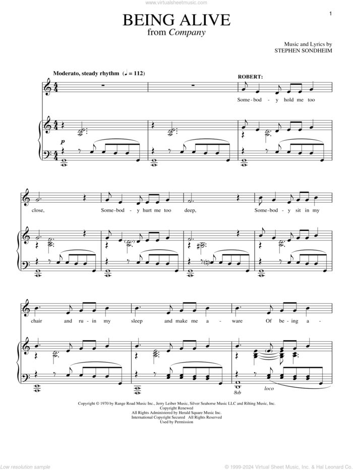 Being Alive sheet music for voice and piano by Stephen Sondheim, intermediate skill level