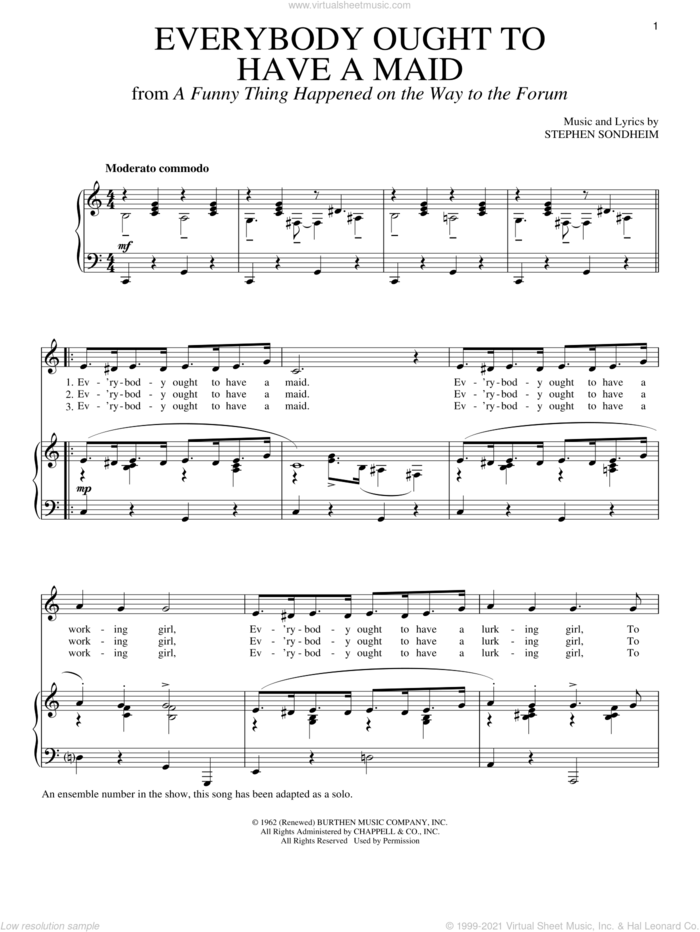Everybody Ought To Have A Maid sheet music for voice and piano by Stephen Sondheim, intermediate skill level