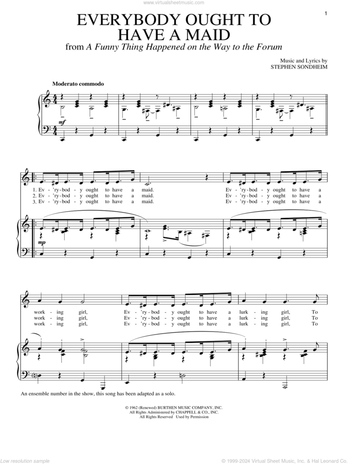 Everybody Ought To Have A Maid sheet music for voice and piano by Stephen Sondheim, intermediate skill level