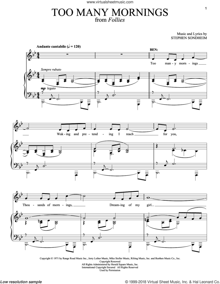 Too Many Mornings sheet music for voice and piano by Stephen Sondheim, intermediate skill level