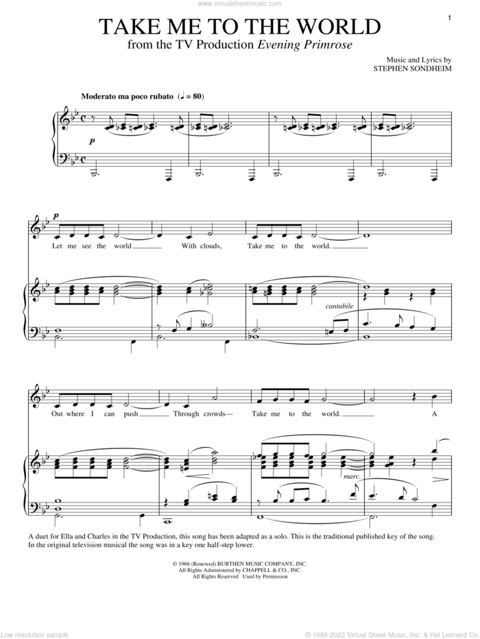 Take Me To The World sheet music for voice and piano by Stephen Sondheim, intermediate skill level