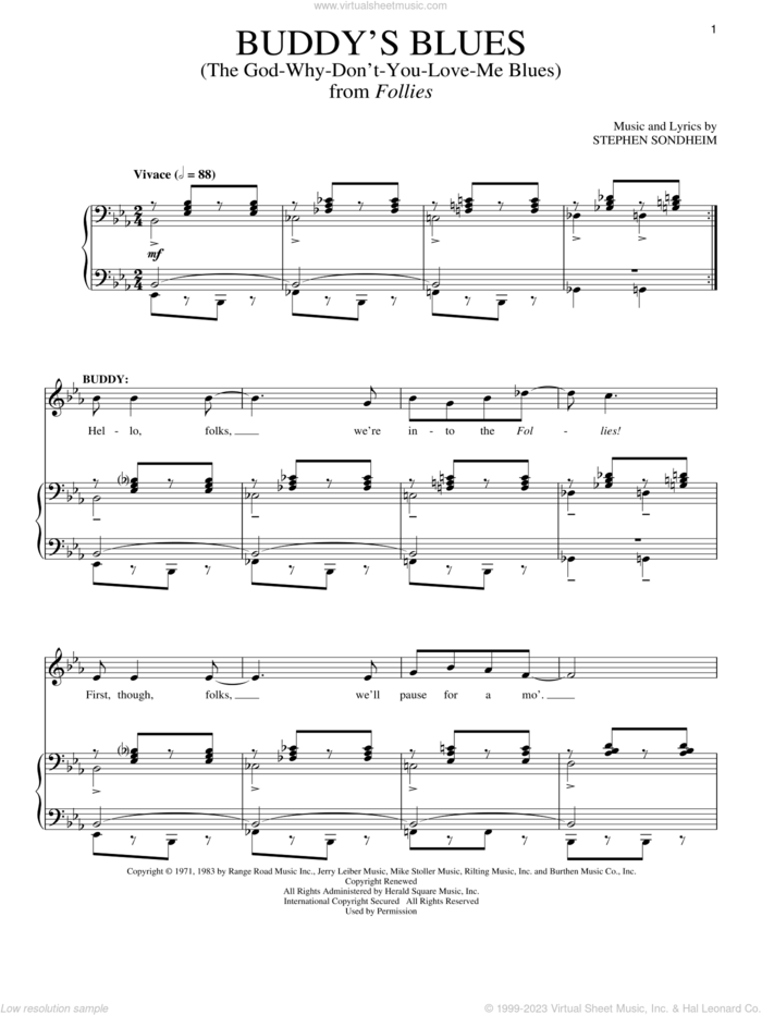 Buddy's Blues (The God-Why-Don't-You-Love-Me Blues) sheet music for voice and piano by Stephen Sondheim, intermediate skill level
