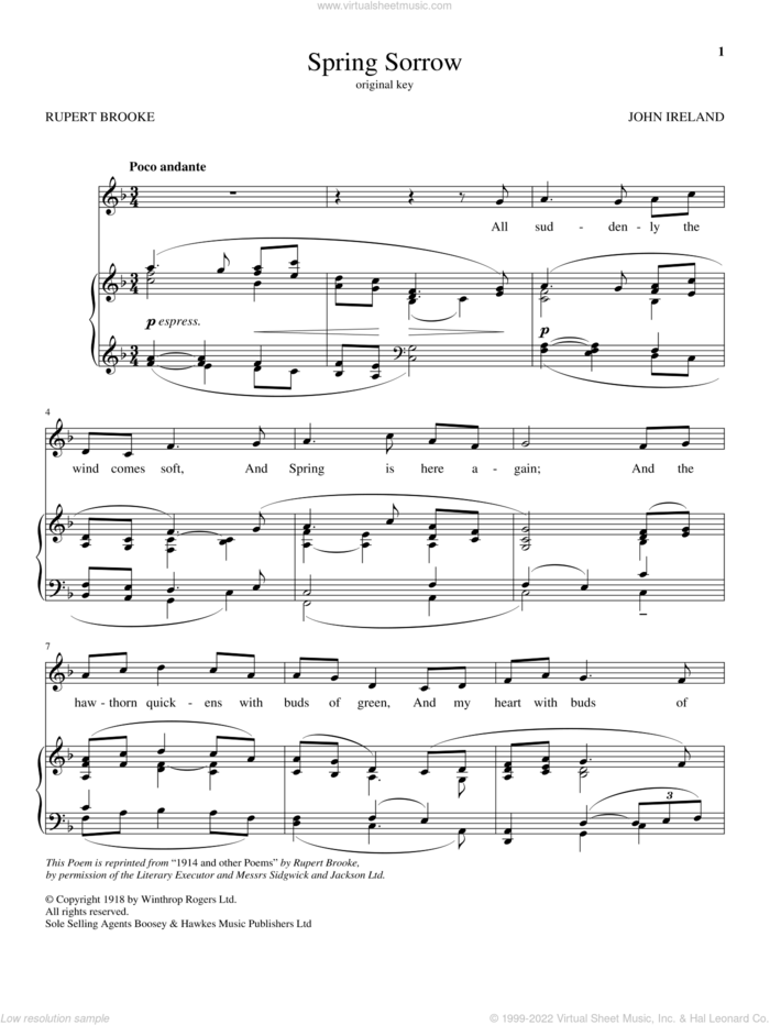 Spring Sorrow sheet music for voice and piano by John Ireland and Rupert Brooke, classical score, intermediate skill level
