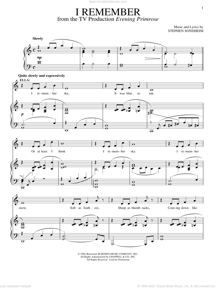 I Remember sheet music for voice and piano by Stephen Sondheim, intermediate skill level