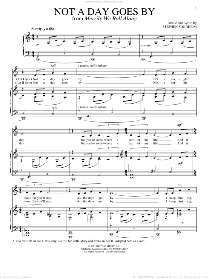 Not A Day Goes By (Act II) sheet music for voice and piano by Stephen Sondheim and Carly Simon, intermediate skill level