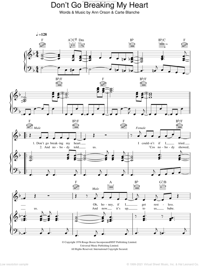 Don't Go Breaking My Heart sheet music for voice, piano or guitar by Elton John, Ann Orson and Carte Blanche, intermediate skill level