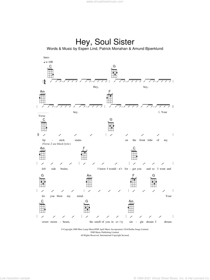 Hey, Soul Sister sheet music for ukulele (chords) by The Ukuleles, Train, Amund Bjoerklund, Espen Lind and Pat Monahan, intermediate skill level