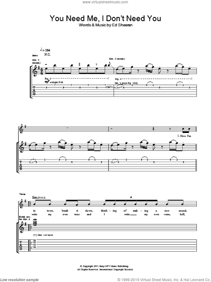 You Need Me, I Don't Need You sheet music for guitar (tablature) by Ed Sheeran, intermediate skill level