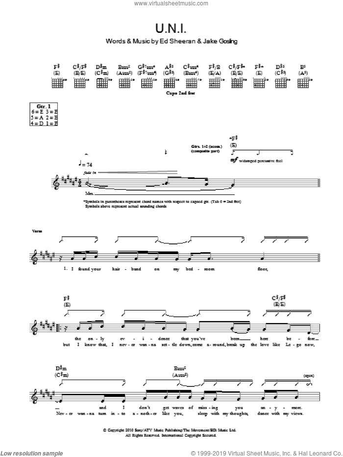 U.N.I sheet music for guitar (tablature) by Ed Sheeran and Jake Gosling, intermediate skill level