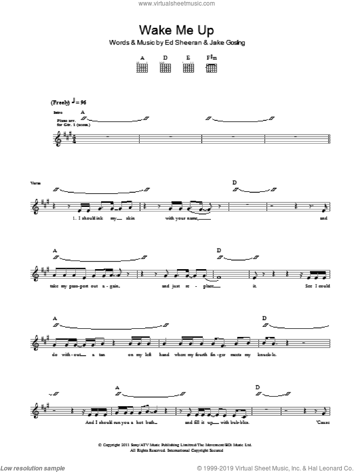Wake Me Up sheet music for guitar (tablature) by Ed Sheeran and Jake Gosling, intermediate skill level