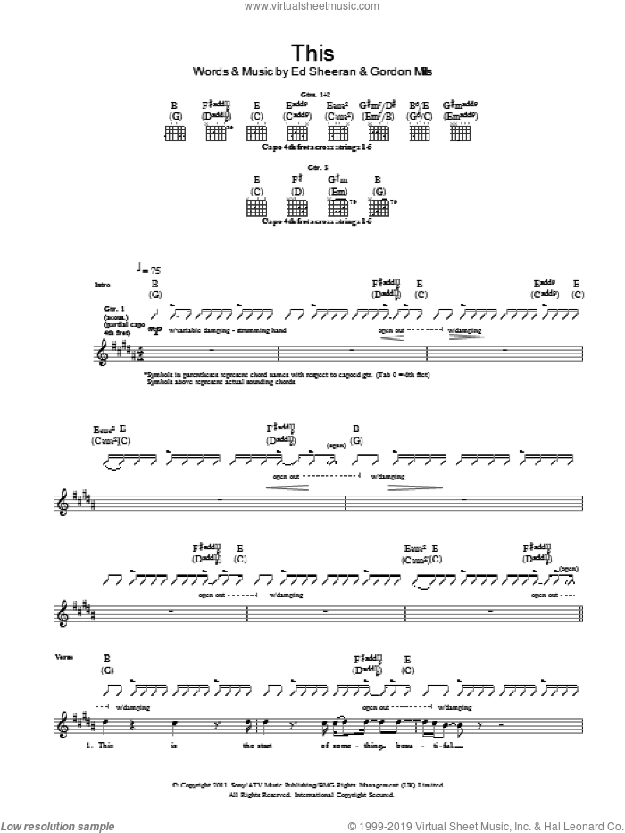 This sheet music for guitar (tablature) by Ed Sheeran and Gordon Mills, intermediate skill level