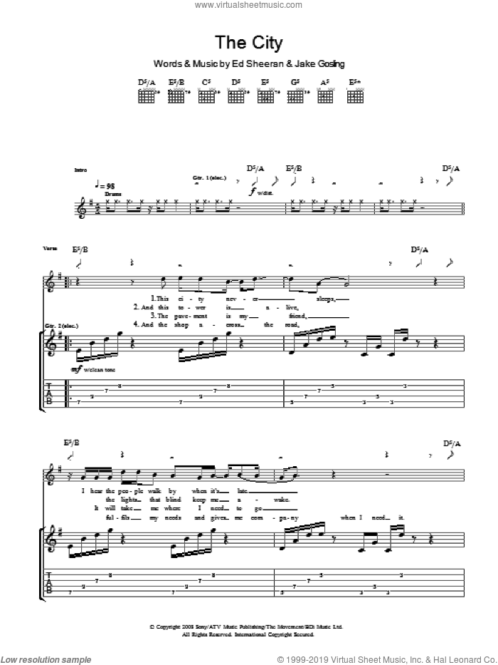 The City sheet music for guitar (tablature) by Ed Sheeran and Jake Gosling, intermediate skill level