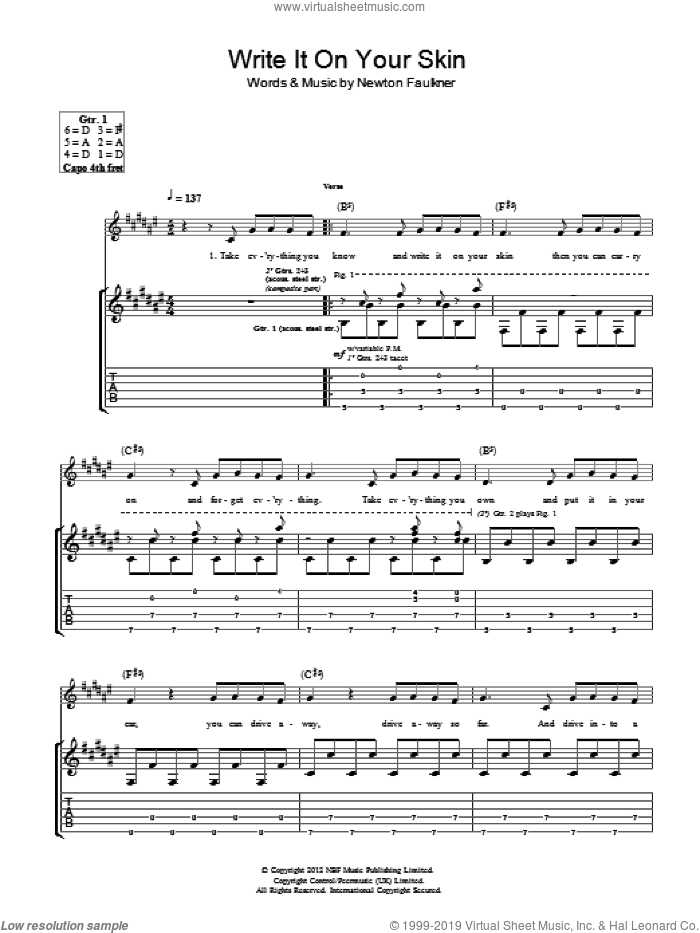 Write It On Your Skin sheet music for guitar (tablature) by Newton Faulkner, intermediate skill level