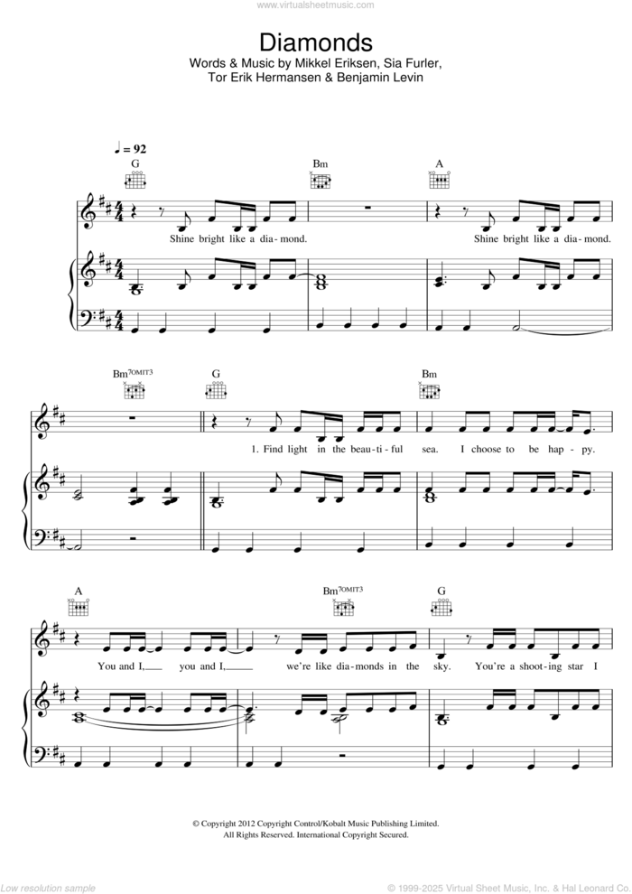 Diamonds sheet music for voice, piano or guitar by Rihanna, Benjamin Levin, Mikkel Eriksen, Sia, Sia Furler and Tor Erik Hermansen, intermediate skill level