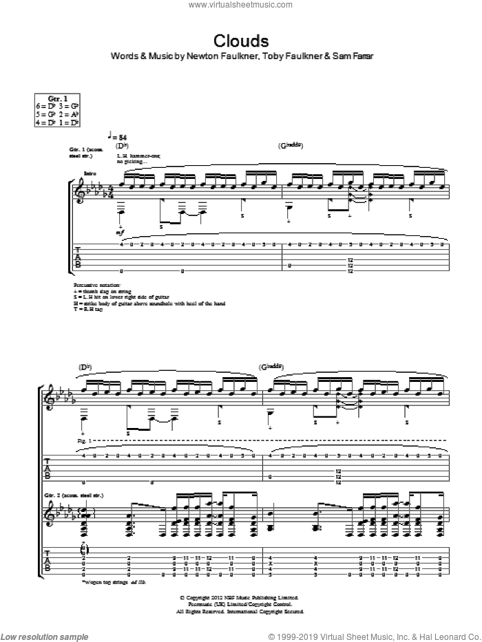 Clouds sheet music for guitar (tablature) by Newton Faulkner, Sam Farrar and Toby Faulkner, intermediate skill level