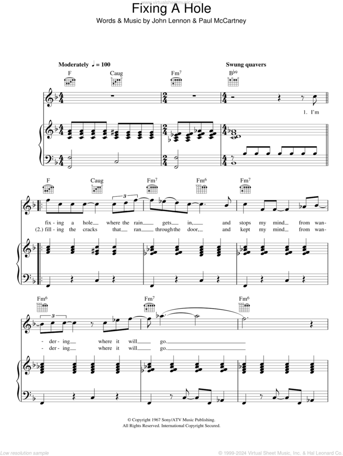 Fixing A Hole sheet music for voice, piano or guitar by The Beatles, John Lennon and Paul McCartney, intermediate skill level