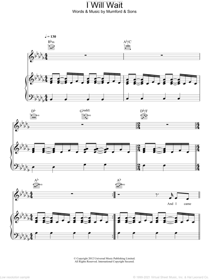 I Will Wait sheet music for voice, piano or guitar by Mumford & Sons and Marcus Mumford, intermediate skill level