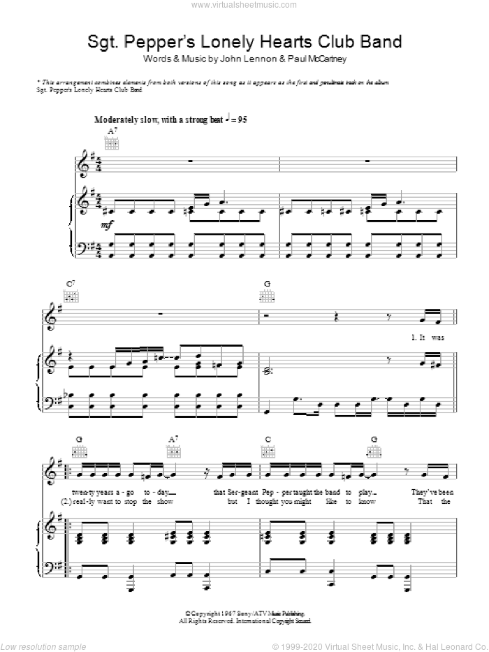 Sgt. Pepper's Lonely Hearts Club Band sheet music for voice, piano or guitar by The Beatles, John Lennon and Paul McCartney, intermediate skill level