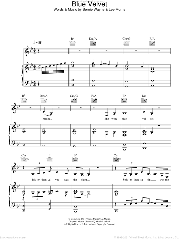 Blue Velvet sheet music for voice, piano or guitar by Lana Del Rey, Bernie Wayne and Lee Morris, intermediate skill level
