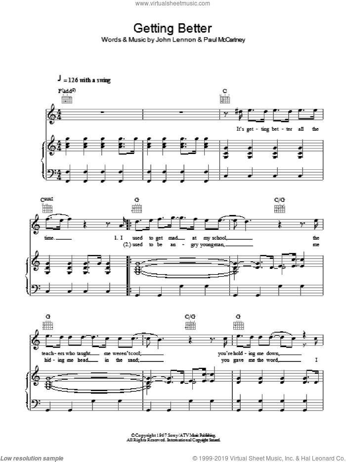 Getting Better sheet music for voice, piano or guitar by The Beatles, John Lennon and Paul McCartney, intermediate skill level