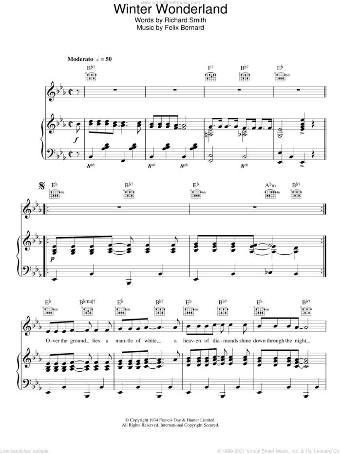 Winter Wonderland sheet music for voice, piano or guitar by Perry Como, Felix Bernard and Richard Smith, intermediate skill level