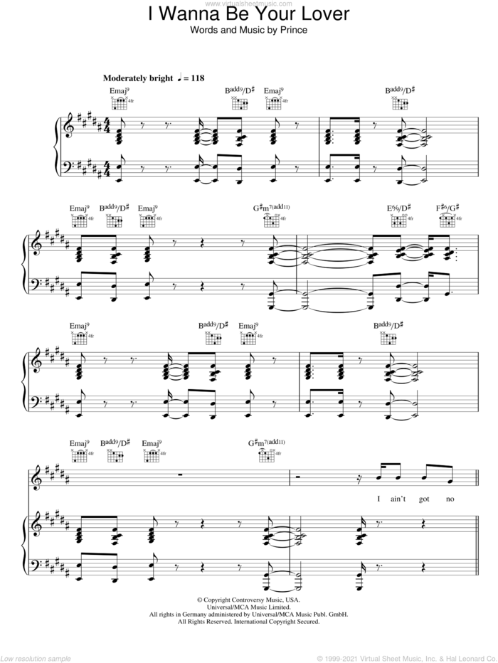 I Wanna Be Your Lover sheet music for voice, piano or guitar by Prince, intermediate skill level