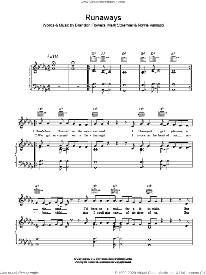 Runaways sheet music for voice, piano or guitar by The Killers, Brandon Flowers, Mark Stoermer and Ronnie Vannucci, intermediate skill level