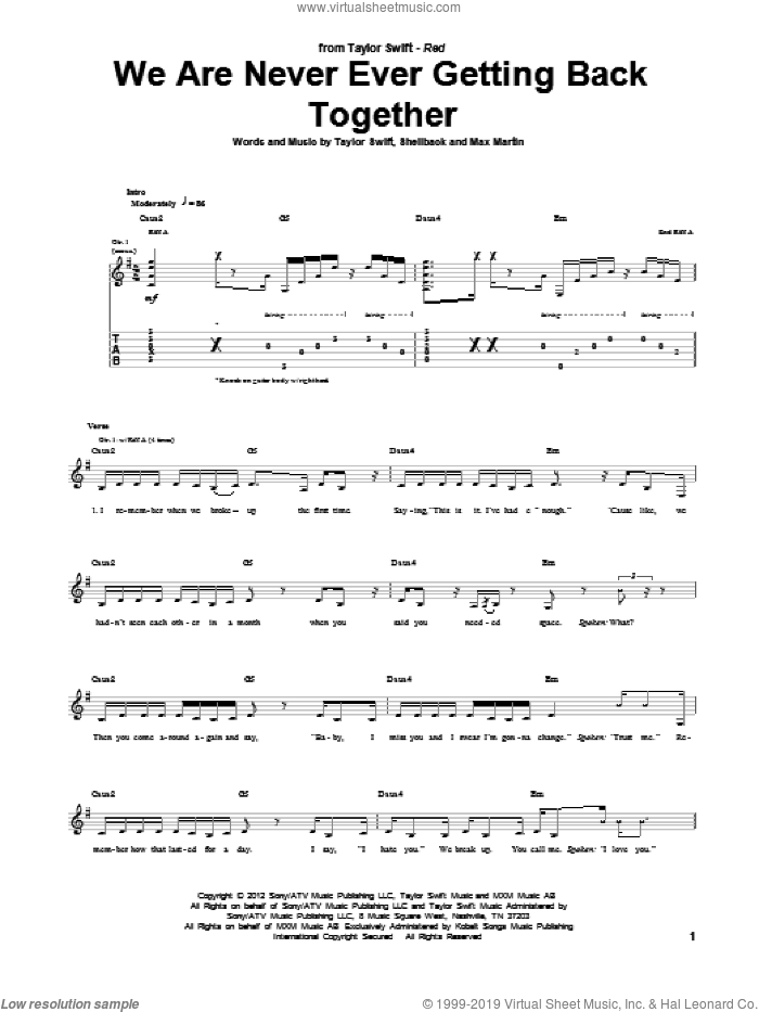 We Are Never Ever Getting Back Together sheet music for guitar (tablature) by Taylor Swift, Max Martin and Shellback, intermediate skill level