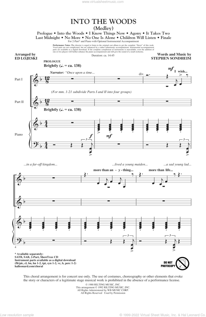 Into The Woods (Medley) sheet music for choir (2-Part) by Stephen Sondheim and Ed Lojeski, intermediate duet