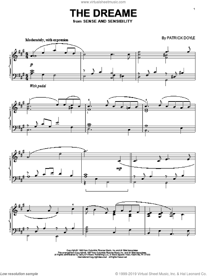 The Dreame sheet music for piano solo by Patrick Doyle and Sense And Sensibility (Movie), intermediate skill level