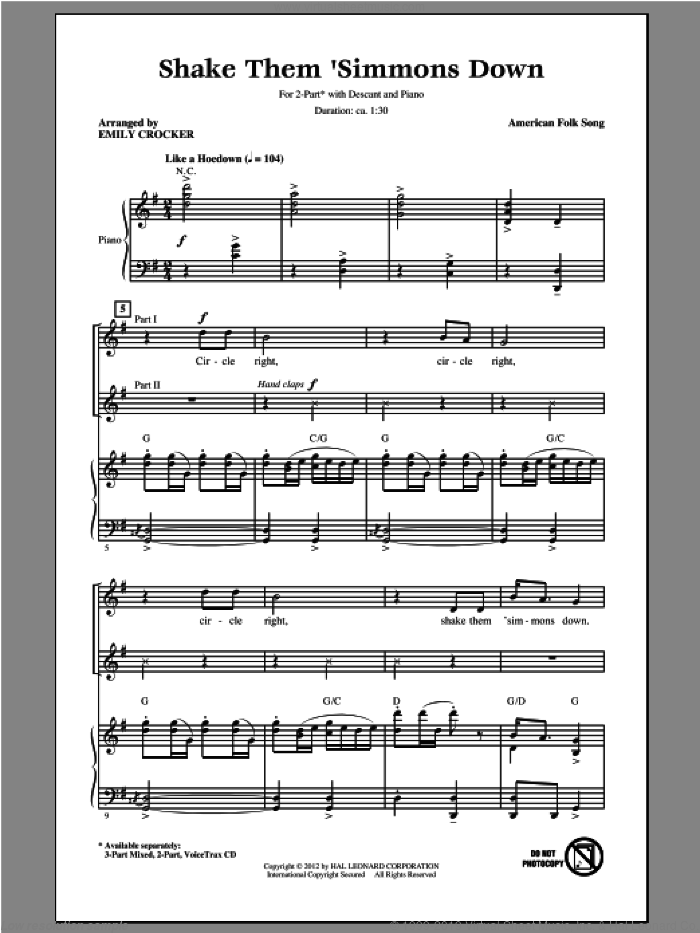 Shake Those 'Simmons Down sheet music for choir (2-Part) by Emily Crocker and Alabama Folksong, intermediate duet