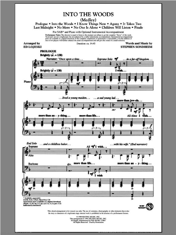 Into The Woods (Medley) sheet music for choir (SAB: soprano, alto, bass) by Stephen Sondheim and Ed Lojeski, intermediate skill level