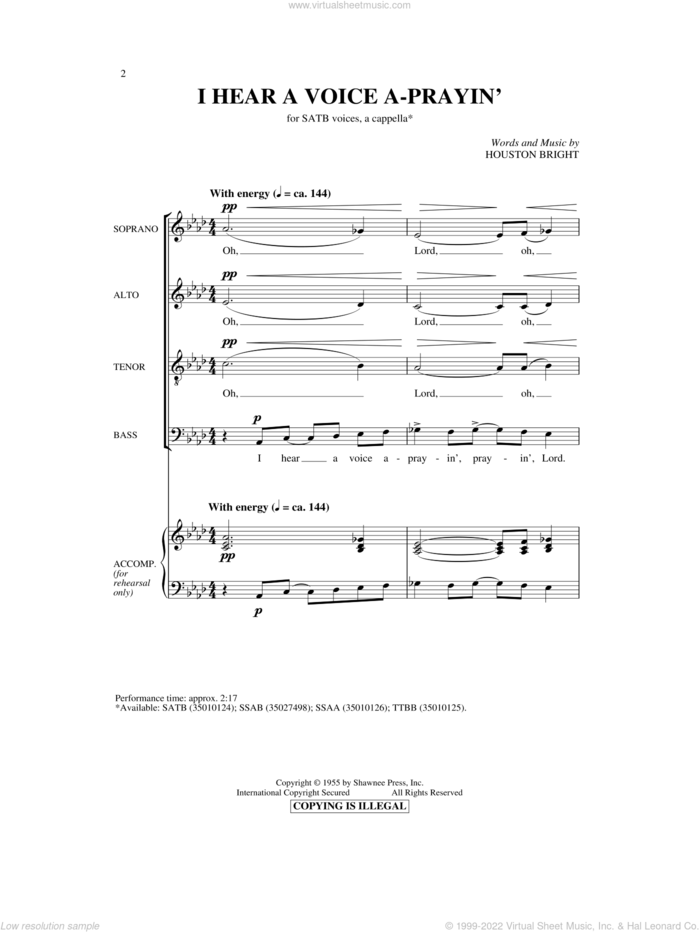 I Hear A Voice A-Prayin' sheet music for choir (SATB: soprano, alto, tenor, bass) by Houston Bright, intermediate skill level