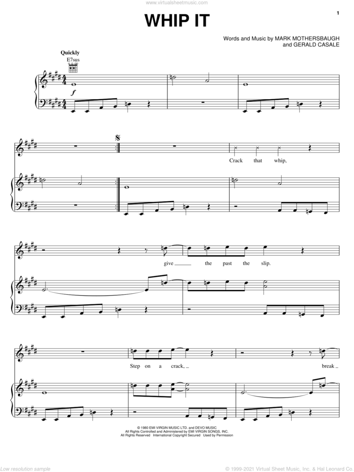 Whip It sheet music for voice, piano or guitar by Devo, Gerald Casale and Mark Mothersbaugh, intermediate skill level