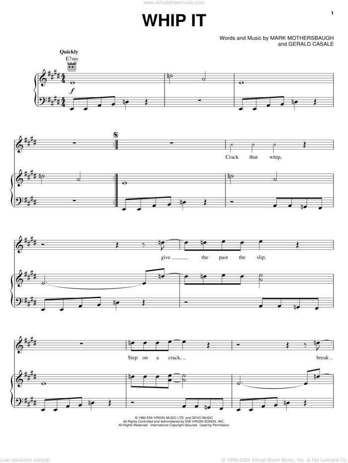 Whip It sheet music for voice, piano or guitar by Devo, Gerald Casale and Mark Mothersbaugh, intermediate skill level